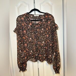 MNG Mango - Business Casual Black and Orange Floral Long Sleeve Blouse in Size L